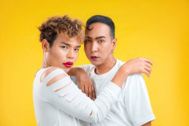 Sarı arka planda izole edilmiş Asyalı eşcinsel çiftin stüdyo portresi. İki adam yan yana durup kameraya bakıyor. lgbtq ve lgbtq + kavramı