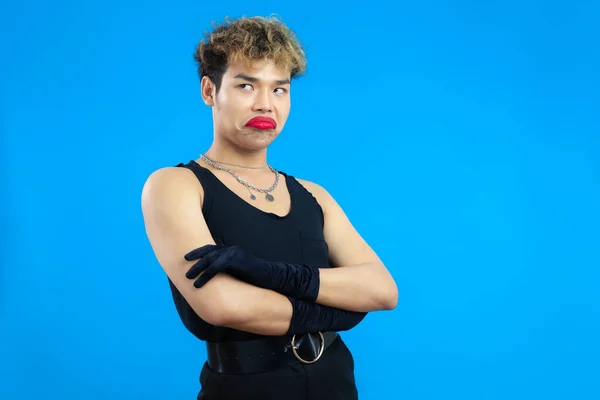 Retrato Ásia Gay Homem Com Vermelho Lábio Vara Preto Tanque — Fotografia de Stock