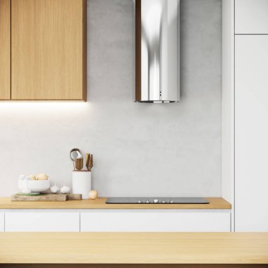 Modern japandi mutfak iç tasarımı beyaz duvar ve yakın plan ahşap masa üstü. Beyaz oda fikirleri. 3B görüntüleme