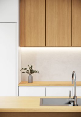 Mutfak tezgahının arkasındaki ahşap masa. Modern Japon tarzı daire, 3D tasarım.