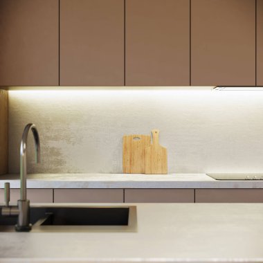 Japonya modern İskandinav tarzı daire iç mimarisi, Japonya mutfak tasarımı, 3D arka plan.