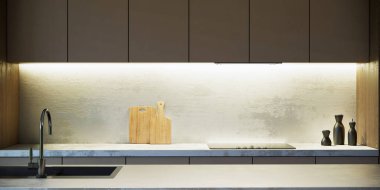 Modern tavan arası mutfak stüdyosu, masa, Japandi tarzı daire fikirleri, 3D tasarım.