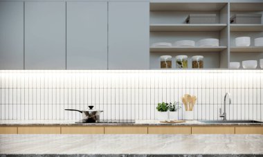 Modern mutfağın ikamet yeri çağdaş daire, yakın mermer masa, 3D tasarım.