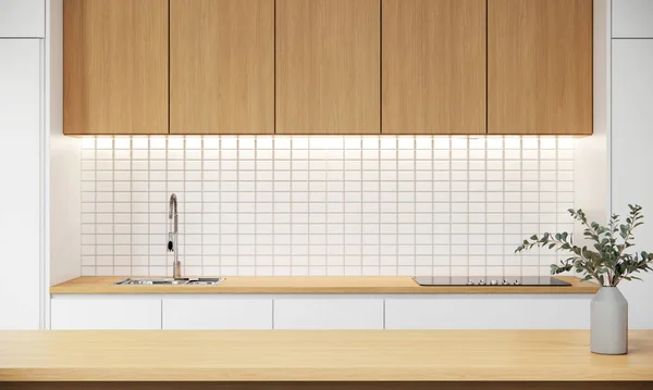 风格别致的木制台面在现代日本厨房室内设计与瓷砖白墙 白色房间公寓的想法 3D渲染 — 图库照片