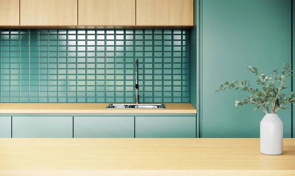 Mock up studio kitchen interior design and decoration in minimal and modern Japandi style with tiles green wall. 3d apartment room ideas.