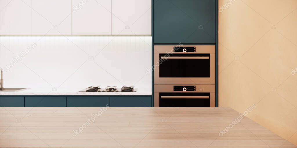 Japandi style kitchen interior design. modern apartment with furniture. 3d rendering background