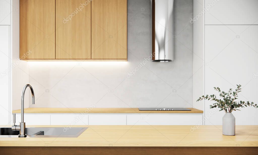 Wood table top on kitchen counter room background. Modern Japandi style apartment ideas, 3D rendering