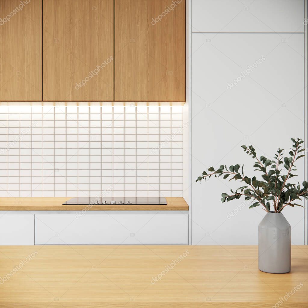 modern japandi kitchen interior design with tiles white wall and close-up wooden tabletop. white room apartment ideas. 3D rendering