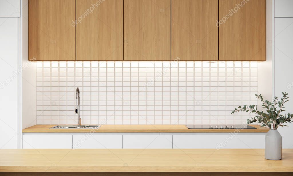Stylish wooden tabletop in modern japandi kitchen interior design with tiles white wall. white room apartment ideas. 3D rendering