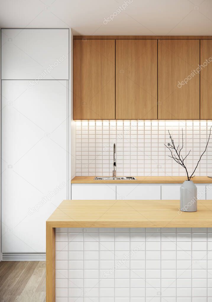 Stylish wooden tabletop in modern japandi kitchen interior design with tiles white wall. 3D rendering, white room apartment ideas