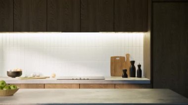 Modern Muji tarzı mutfak iç tasarımı 3d animasyon video 4k pan sol çekim. japandi apartman fikirleri