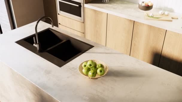 家具やアイランドキッチン付きのモダンなジャパンスタイルのキッチンインテリア 現代的なアパートのアイデア トップ表示回転ショット3Dビデオ4Kアニメーション — ストック動画