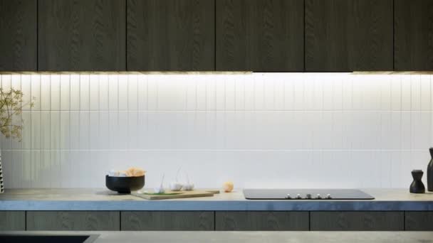 モダンなMujiスタイルのキッチンインテリアデザイン3Dアニメーションビデオ4Kズームアウトショット 日本のアパートのアイデア — ストック動画