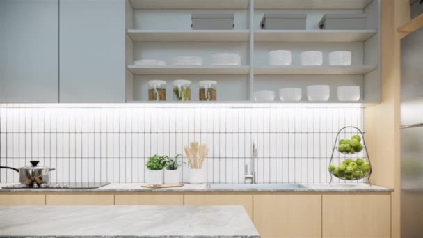 Modern Muji Style Kitchen Interior Design Animation Video Pan Left — Stock Video