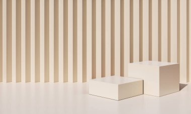 Bej renkli podyum ve kozmetik veya mobil gösterim için arka planda 3d ürün stand showcase.