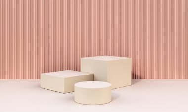Pembe pastel arka planda kare ve yuvarlak şekilli bej podyum bej rengi 3D ürün sergisi.