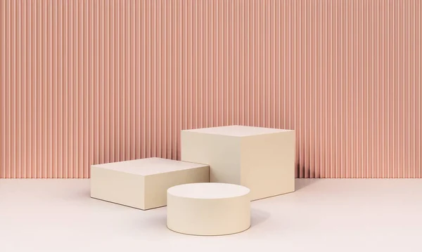 Pembe pastel arka planda kare ve yuvarlak şekilli bej podyum bej rengi 3D ürün sergisi.
