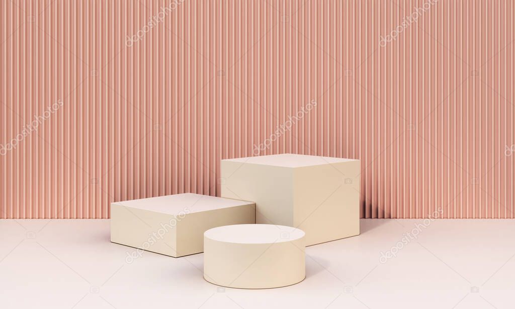 3d background product showcase with square and round shape podium beige color on pink pastel background.