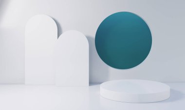 3d arkaplan, beyaz silindir, ürün için minimal podyum veya beyaz arkaplanda mavi daire ile dekore edilmiş kozmetik vitrin.