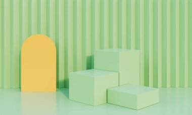 3d arkaplan, yeşil kutu sergi standı ürün veya kozmetik şov çantası ve reklam veya sergi.