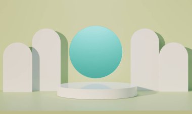 3d arkaplan, beyaz silindir ve yeşil pastel arkaplan duvarı ve ürün veya kozmetik görüntüleme için zemin.