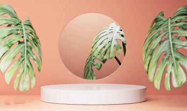 3d arkaplan, kırmızı pastel renkli duvar ve zeminde beyaz silindir podyum ürün ve kozmetik ürünleri göstermek ve göstermek için tropikal yapraklar ile.