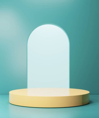 3D arkaplan, sarı silindir minimum podyum yeşil duvar ve zemin dikey ürün veya kozmetik vitrin için.