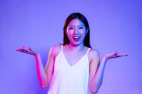 Young Asian Woman White Tank Top Posing Showing Your Choice — Foto Stock