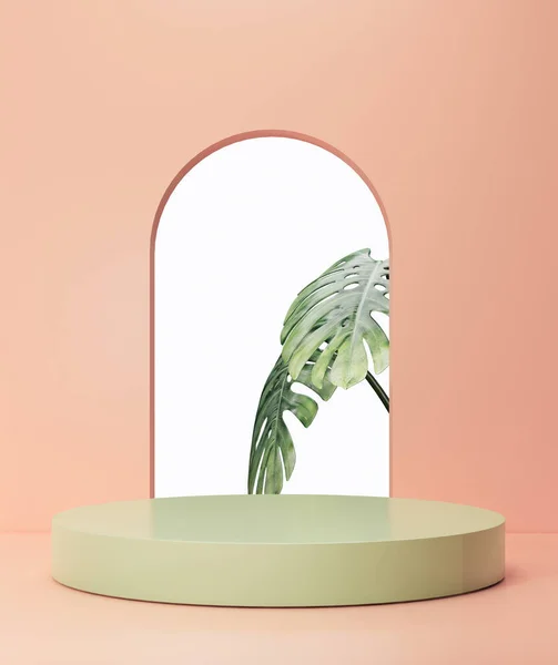 3d arkaplan, yeşil pastel silindir podyum sahnesi ürün veya kozmetik vitrin için tropikal çıkış arkaplanı.