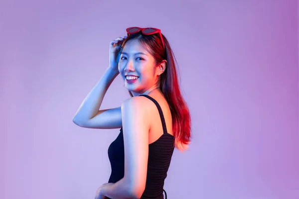 Young Asian Woman Black Tank Top Posing Smilling Purple Background —  Fotos de Stock