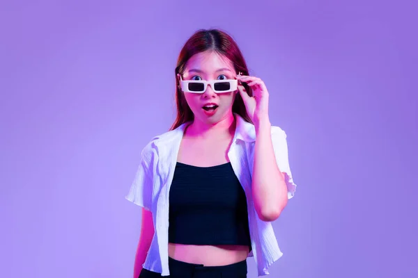 Young Asian Woman Black Tank Top White Shirt Wearing Sunglasses — Foto Stock