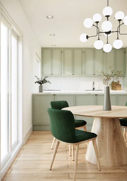 Rendering Kitchen Dining Room Interior Design Decoration Built Light Green — ストック写真