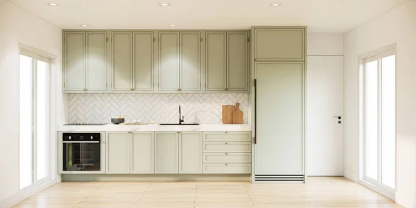 Mock Μοντέρνα Λευκή Κουζίνα Δωμάτιο Εσωτερικό Σχεδιασμό Και Διακόσμηση Ενσωματωμένο — Φωτογραφία Αρχείου