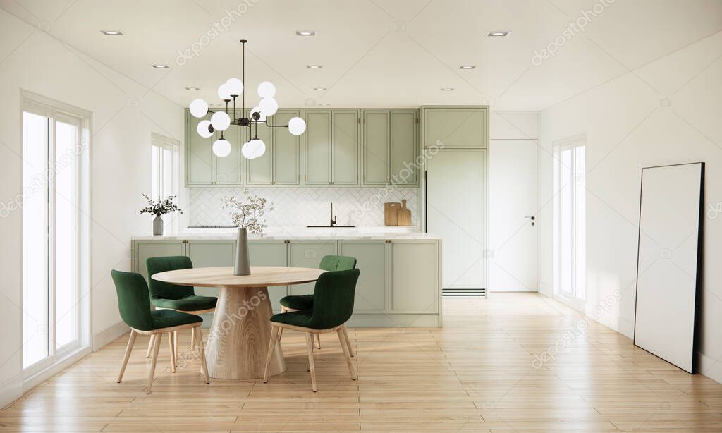 3d rendering kitchen and dining room interior design and decoration with built in light green counter and cabinets, wooden dining table and dark green chair, empty photo frame on parquet floor.