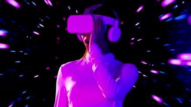 Metaverse concept, young asian woman wearing vr headset watching playing and touching on the motion screen background, video 4K virtual reality girl.
