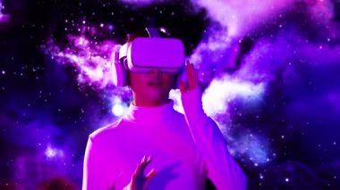 Metaverse concept, young asian woman wearing vr headset watching playing and touching on the motion purple color screen background, video 4K virtual reality girl.
