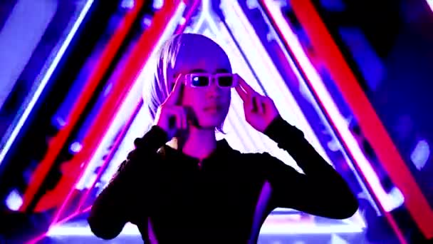 Metaverse Concept Young Asian Woman Wearing Black Glasses Motion Background — Stockvideo