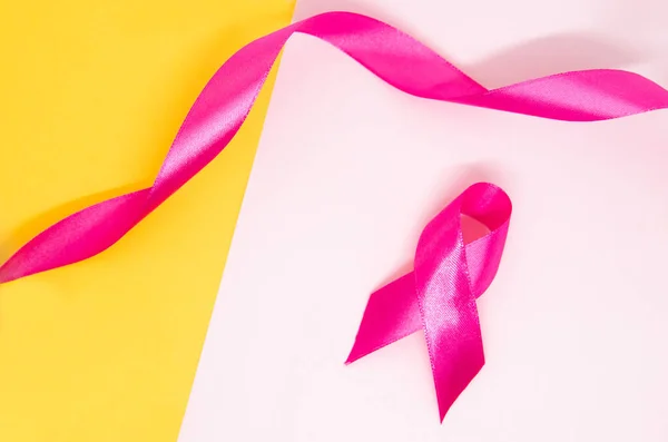 Pink Ribbon White Yellow Background Breast Cancer Awareness Symbol — Fotografia de Stock