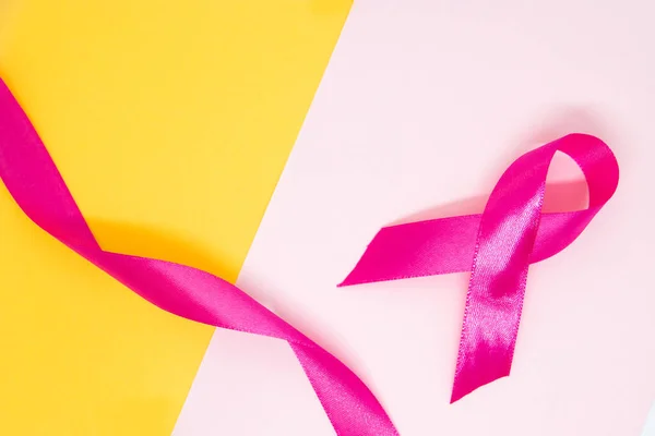 Pink Ribbon Breast Cancer White Yellow Background Copy Space — Zdjęcie stockowe