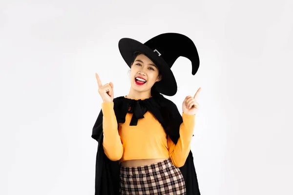 Young Asian Woman Halloween Costume Witchcraft Witch Hat Posing Finger — Stock Fotó