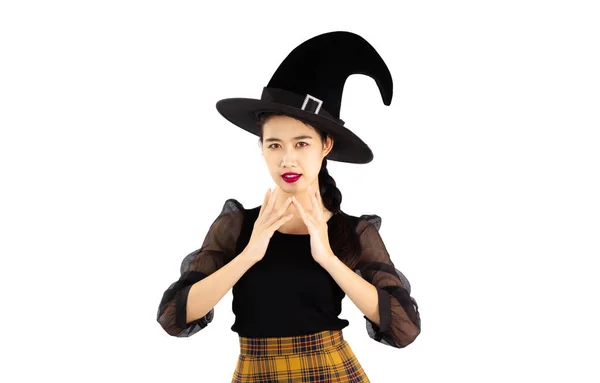 Young Asian Pretty Woman Wearing Witch Hat Black Costume Celebrate — Stockfoto