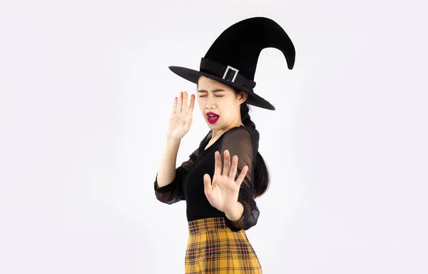 Young Asian Woman Wearing Witch Hat Black Costume Celebrate Halloween — Stockfoto