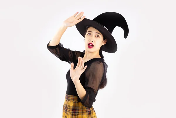 Young Asian Woman Wearing Witch Hat Black Costume Celebrate Halloween — Stok fotoğraf