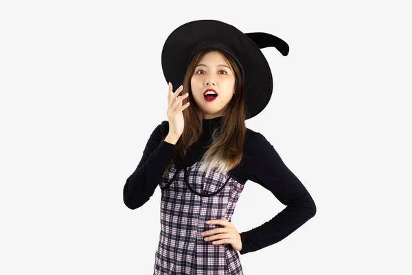 Young Asian Woman Witch Halloween Costume Hat Standing Fear White — Φωτογραφία Αρχείου