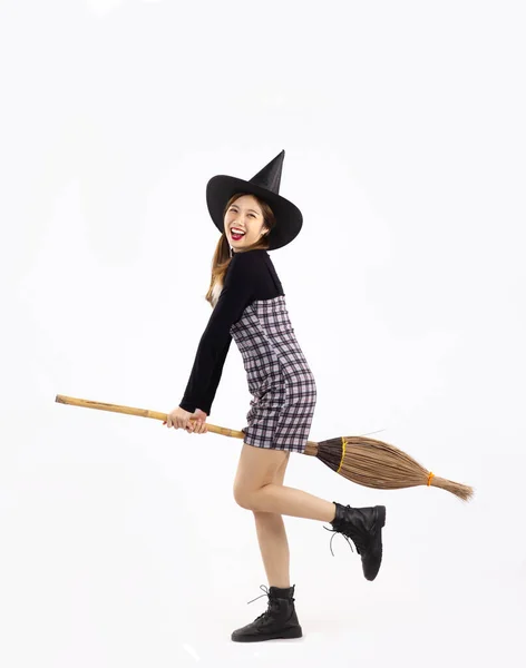 Young Asian Witch Girl Black Halloween Costume Wearing Witch Hat — Stockfoto