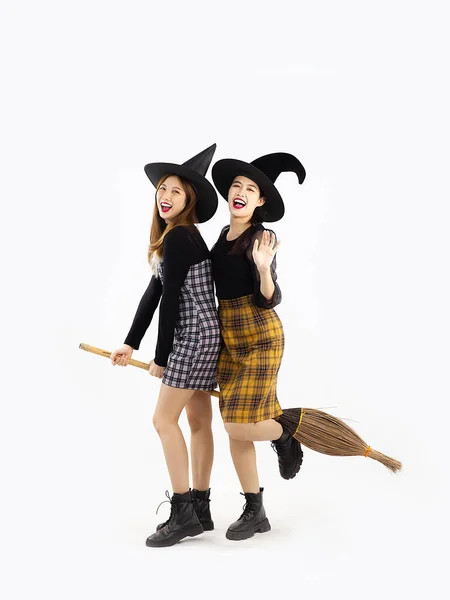 Happy Halloween Young Asian Women Witch Hat Costume Holding Witch — Stockfoto