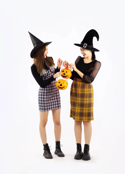 Young Asian Pretty Women Wearing Halloween Hat Holding Pumpkin Lantern — Photo