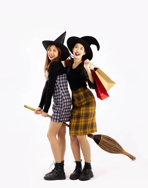 Halloween Concept Young Asian Women Wearing Witch Hat Holding Broom — Stockfoto