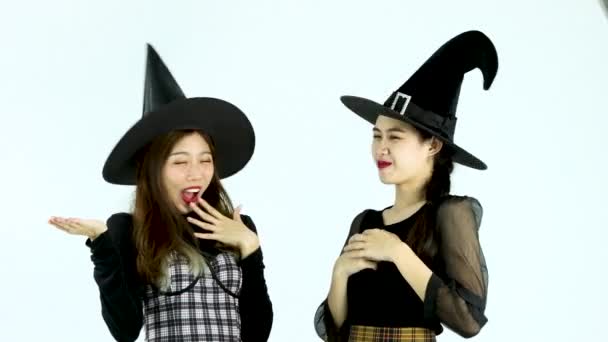 Video Women Halloween Theme Black Costume Witch Hat Enjoy Girl — ストック動画