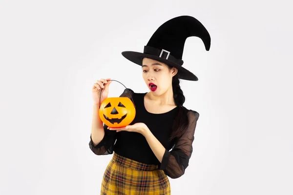 Mooie Aziatische Vrouw Halloween Kostuum Torenhoge Heks Hoed Met Oranje — Stockfoto
